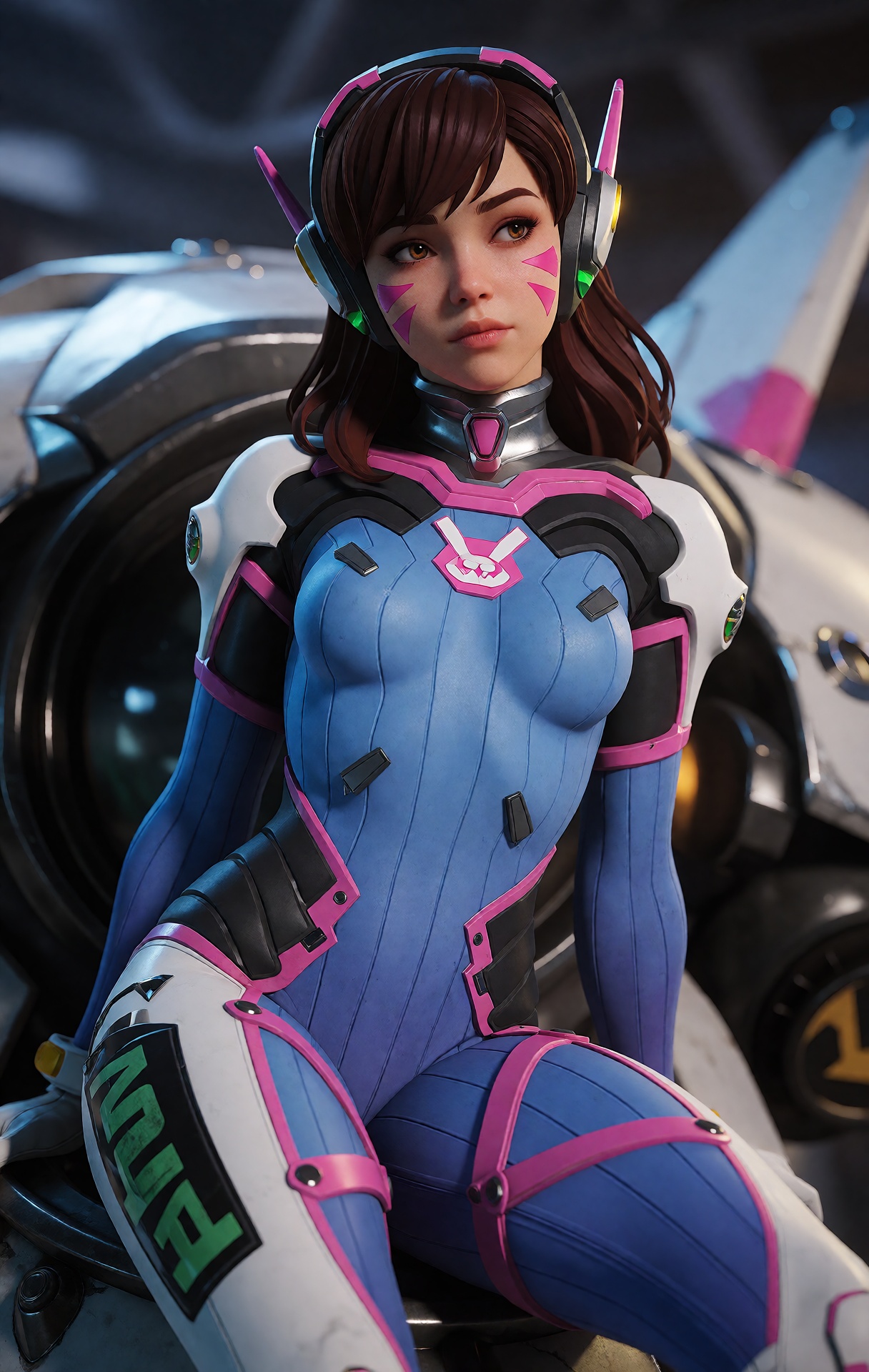 hyper-realistic cinematic portrait of D.Va from Overwatch,  rendered in ultra-detailed 3DCG with high-end game CGI quality...