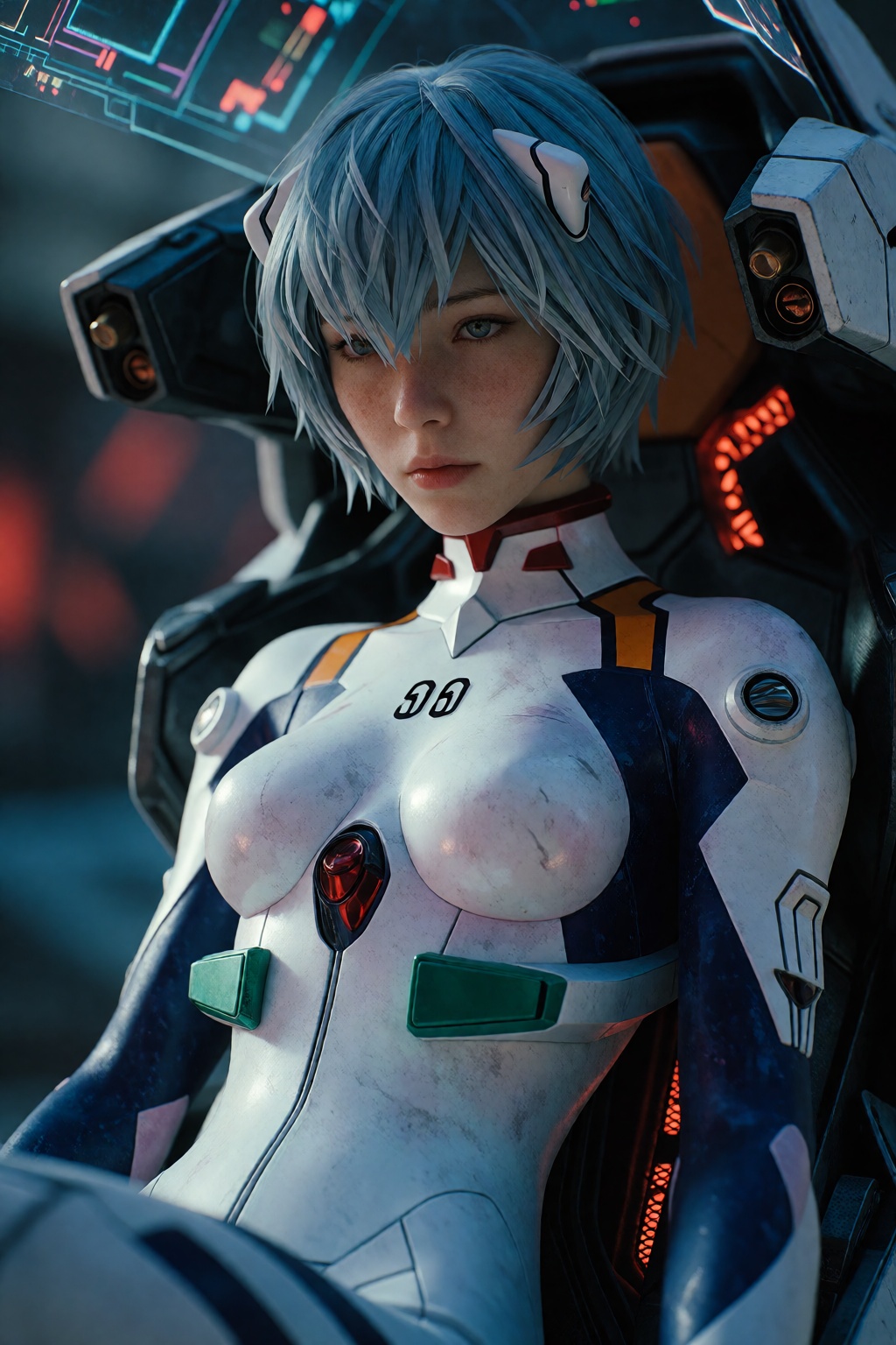 A cinematic 35mm film photograph of a gritty live-action scene featuring an actress portraying Rei Ayanami from Evangelion...