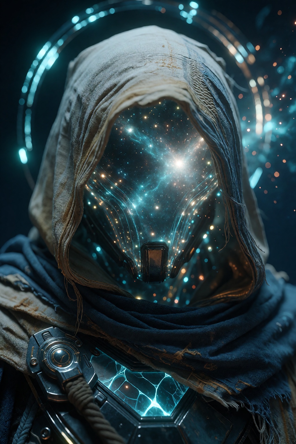 A cinematic 35mm film photograph of a gritty live-action close-up portrait of a mysterious cosmic hooded figure facing for...