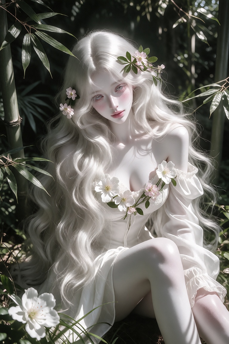 A graceful young woman sitting elegantly in a lush forest,  surrounded by tall bamboo and dense green foliage,  soft natur...