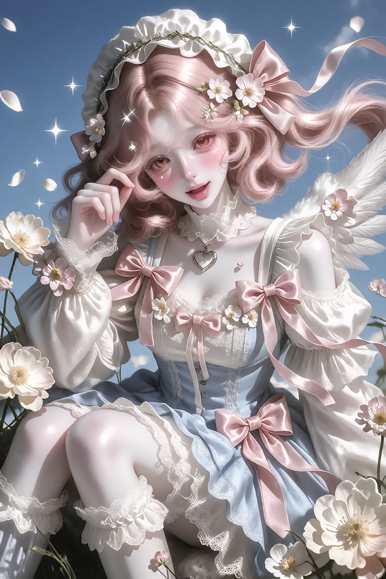 soft pastel illustration,  a cute girl with short fluffy pastel pink hair,  voluminous wavy hair with curled strands frami...