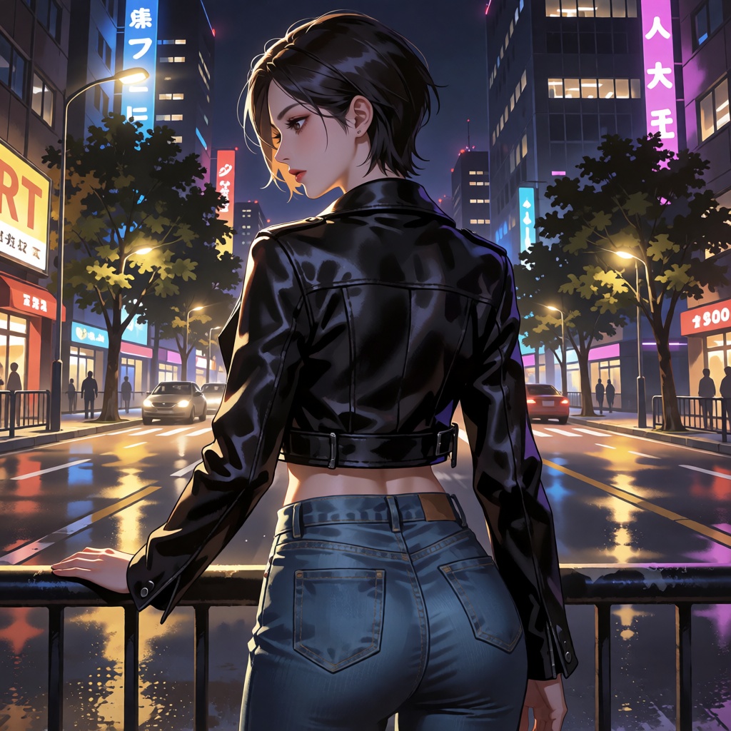 RT,  an ***** woman with short dark hair stands at a railing with her back toward the viewer,  turning her face sideways....