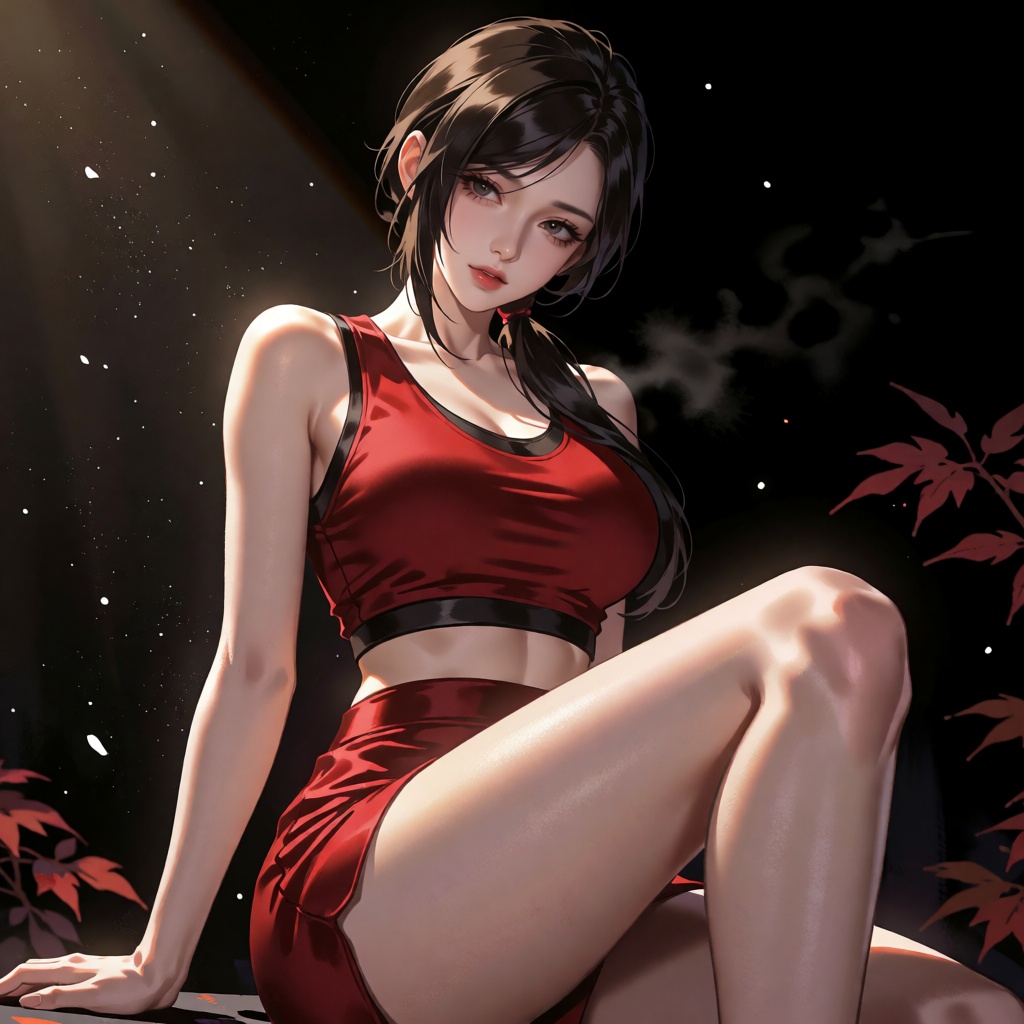 RT,  an ***** dark-haired woman sits with one knee raised,  wearing a red sleeveless crop top and matching briefs. One han...