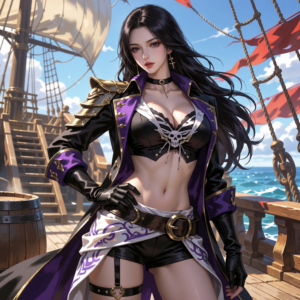 RT,  an ***** woman with long black hair wears a black cropped pirate outfit with a white skull motif,  a purple-lined coa...