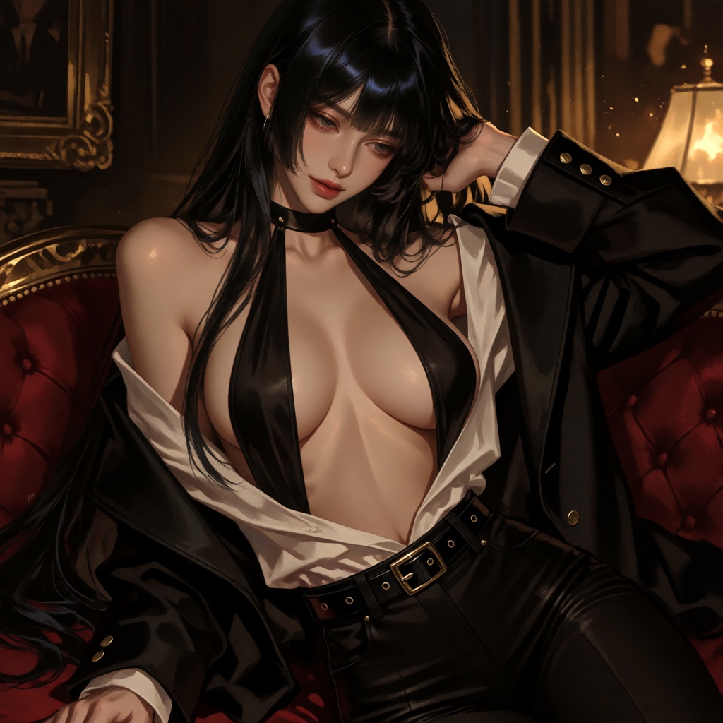 A high-resolution solo portrait of a seductive woman with black hair,  long hair,  blunt bangs on Tensor.Art