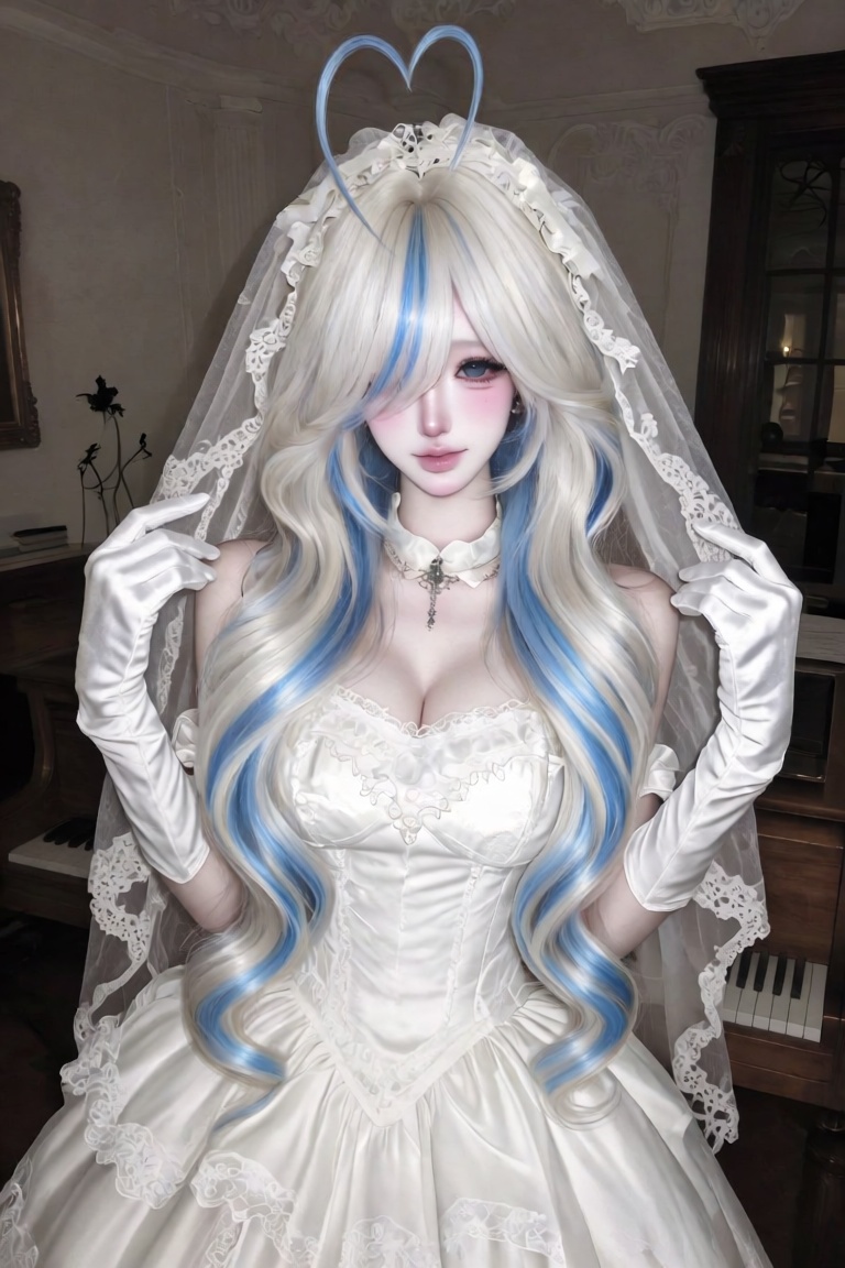 Her eyes are white.,  An Dingding features soft white hair with light blue highlights throughout the entire hair from the...
