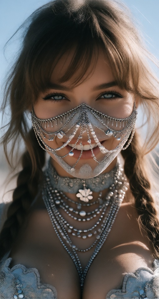 1girl solo long hair looking at viewer smile blue eyes brown hair brown hair jewelry mask portrait realistic on Tensor.Art
