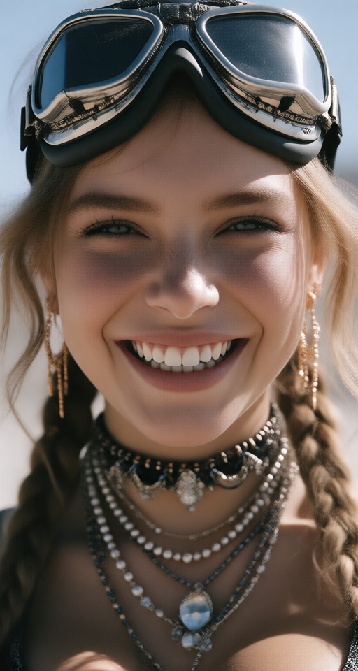 1girl solo long hair looking at viewer smile blonde hair jewelry earrings teeth grin blurry blurry background goggles port...