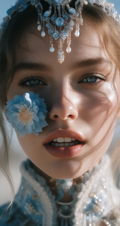 1girl solo long hair looking at viewer blue eyes hair ornament flower teeth hair flower lips portrait realistic on Tensor.Art
