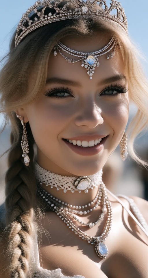 1girl solo long hair looking at viewer smile blonde hair jewelry braid earrings choker necklace eyelashes blurry backgroun...