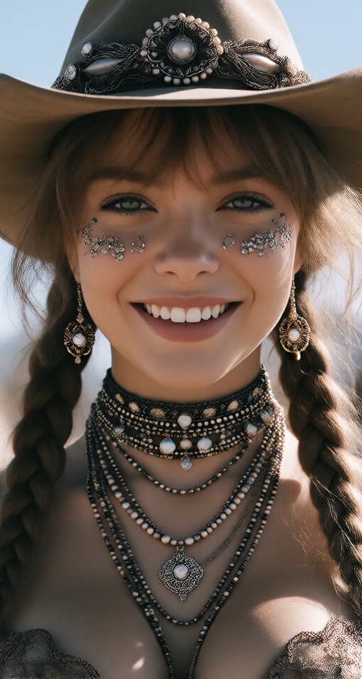 1girl solo long hair looking at viewer smile brown hair hat jewelry braid teeth necklace twin braids realistic on Tensor.Art