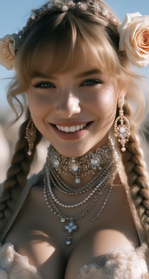 1girl solo long hair looking at viewer smile blonde hair hair ornament jewelry upper body braid flower earrings hair flowe...