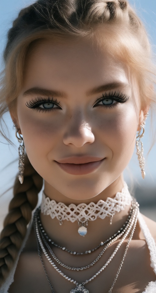 1girl solo long hair looking at viewer smile blue eyes blonde hair jewelry closed mouth braid earrings choker necklace eye...