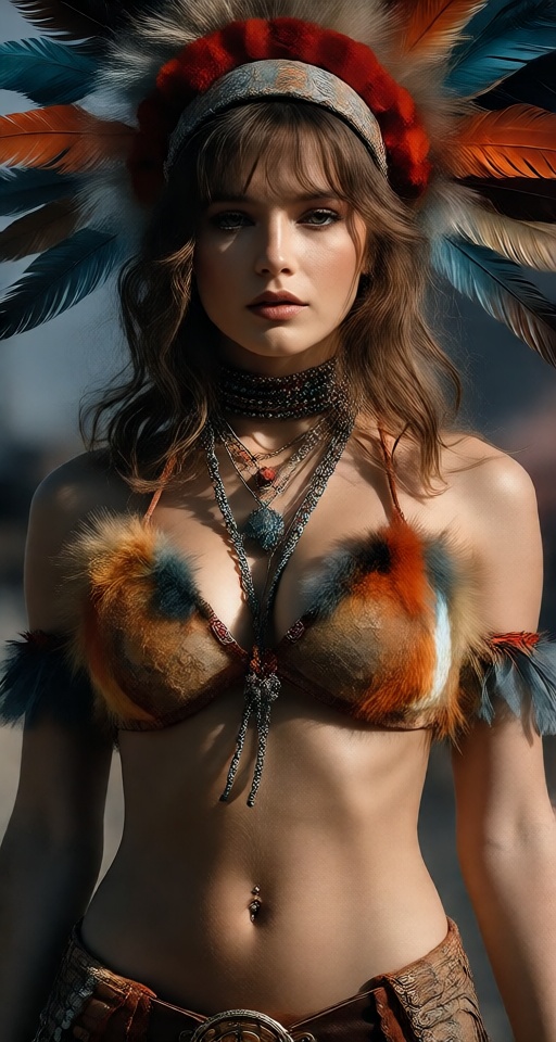 1girl solo brown hair navel brown eyes midriff feathers realistic headdress on Tensor.Art