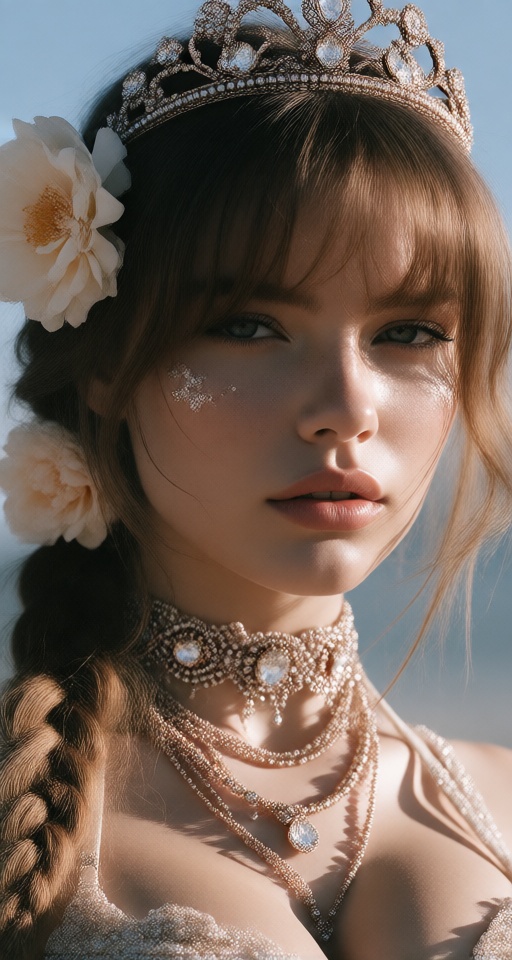 1girl solo long hair brown hair hair ornament jewelry braid flower hair flower necklace lips tiara portrait realistic on T...