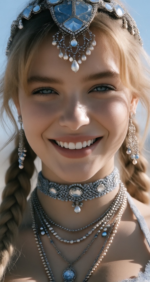 1girl solo long hair looking at viewer smile blue eyes blonde hair hair ornament jewelry braid earrings teeth choker neckl...