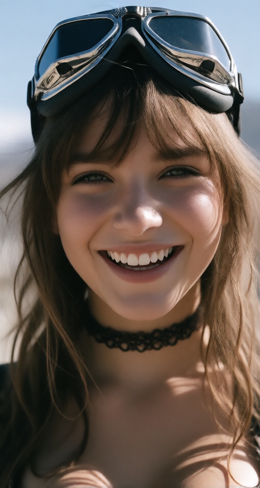 1girl solo long hair looking at viewer smile open mouth brown hair outdoors teeth choker day blurry blurry background gogg...