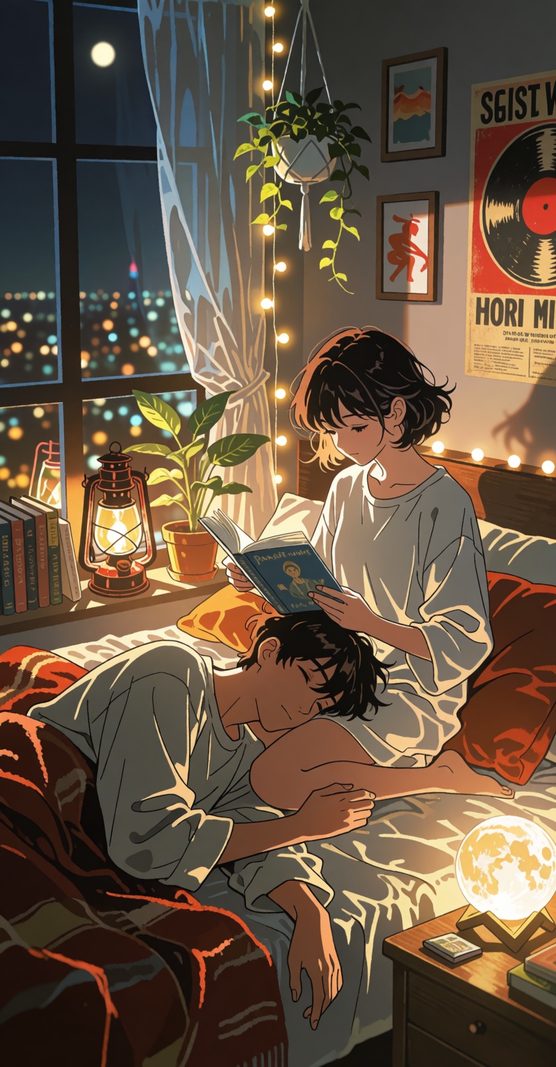 A cozy cinematic anime illustration of a young couple relaxing together on a bed late at night,  a young woman sitting com...