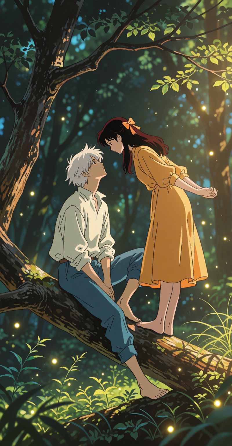 anime-style fantasy illustration,  two young characters in a quiet dense forest,  a white-haired young man sitting barefoo...