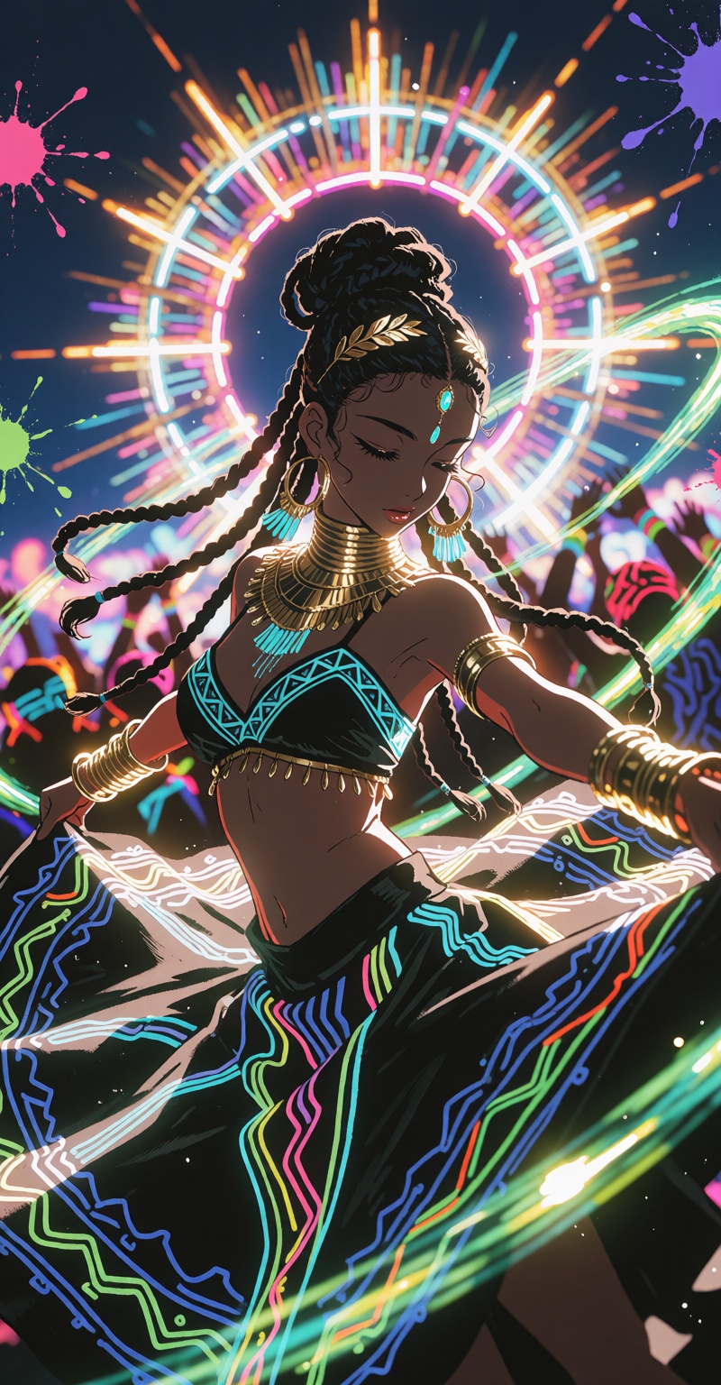 Subject: dark-skinned goddess dancer at the center of a neon rave,  elaborate coiled braided updo with a gold leaf hair cl...