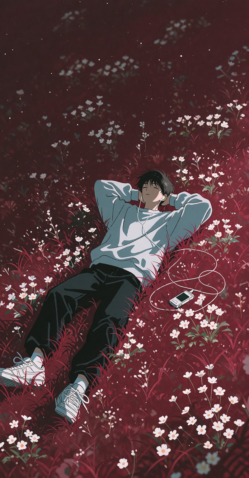 A minimalist cinematic anime illustration of a young man lying peacefully on his back in a vast field of deep burgundy-red...