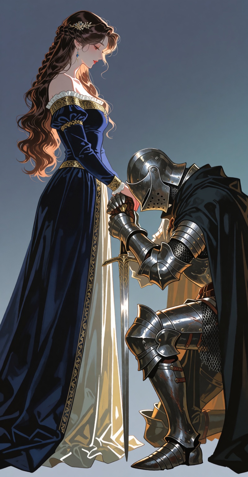 Two-character fantasy illustration,  semi-realistic anime digital painting style. A noblewoman standing in profile,  long...