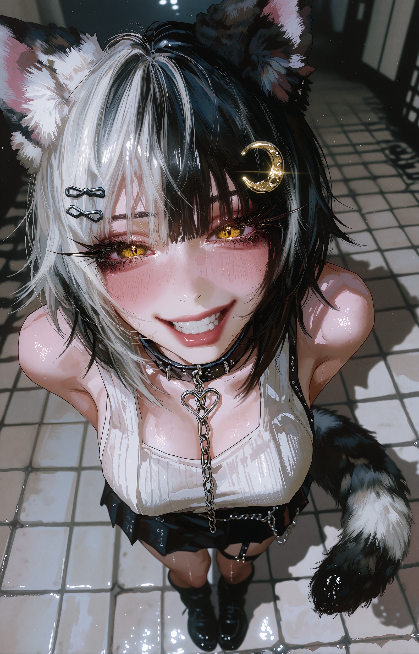 An anime illustration of a girl with sharply split half-white,  half-black hair and large fluffy black-and-white animal ea...