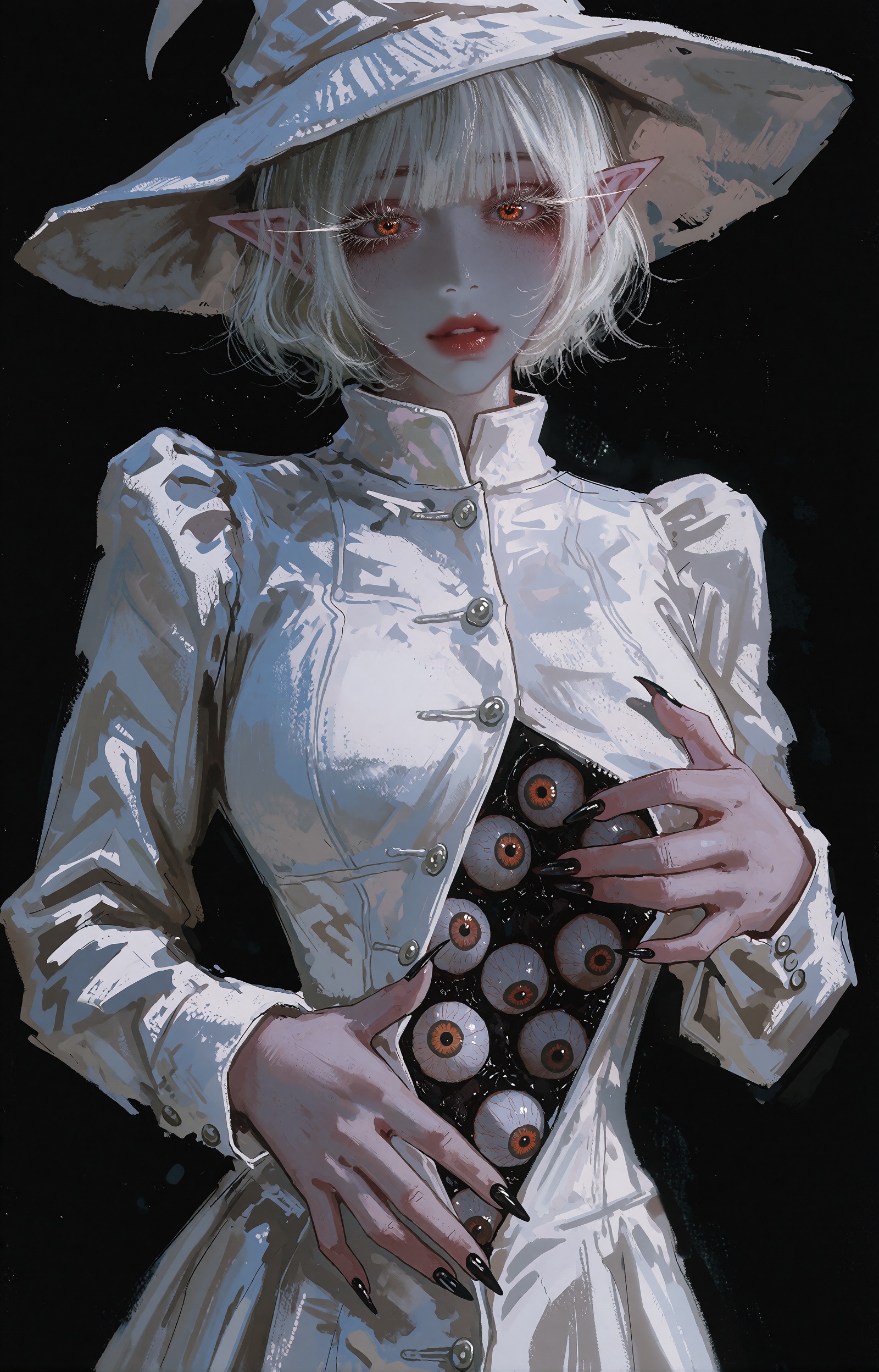 A vertical painterly dark-fantasy illustration of a witch-like figure isolated against a pure black void. She has pale gra...