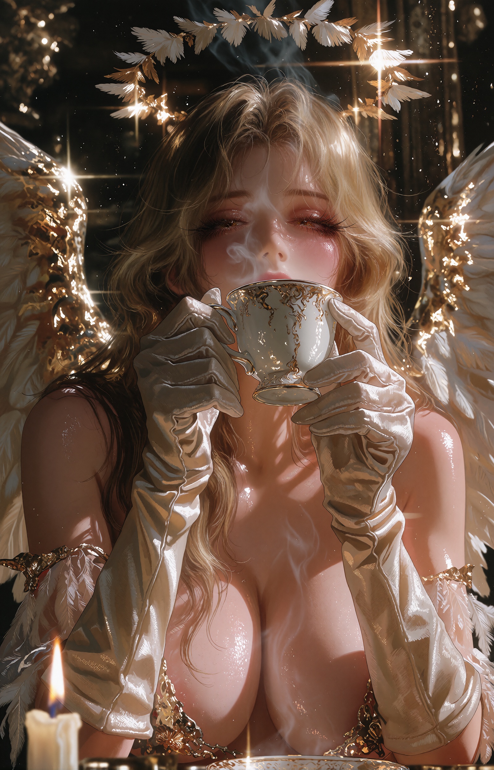 A young angelic woman with long honey-blonde waves cascading over bare shoulders holds a white porcelain cup to her lips w...