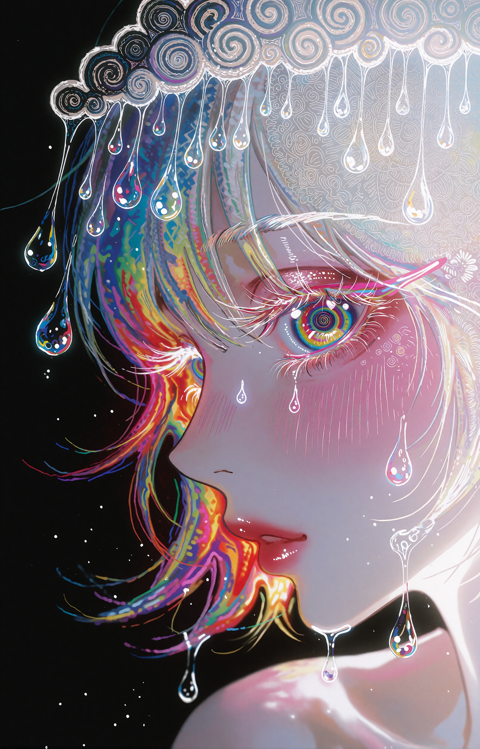 A psychedelic neon anime illustration of a figure in right-facing profile,  rendered as glowing rainbow gradient line art...