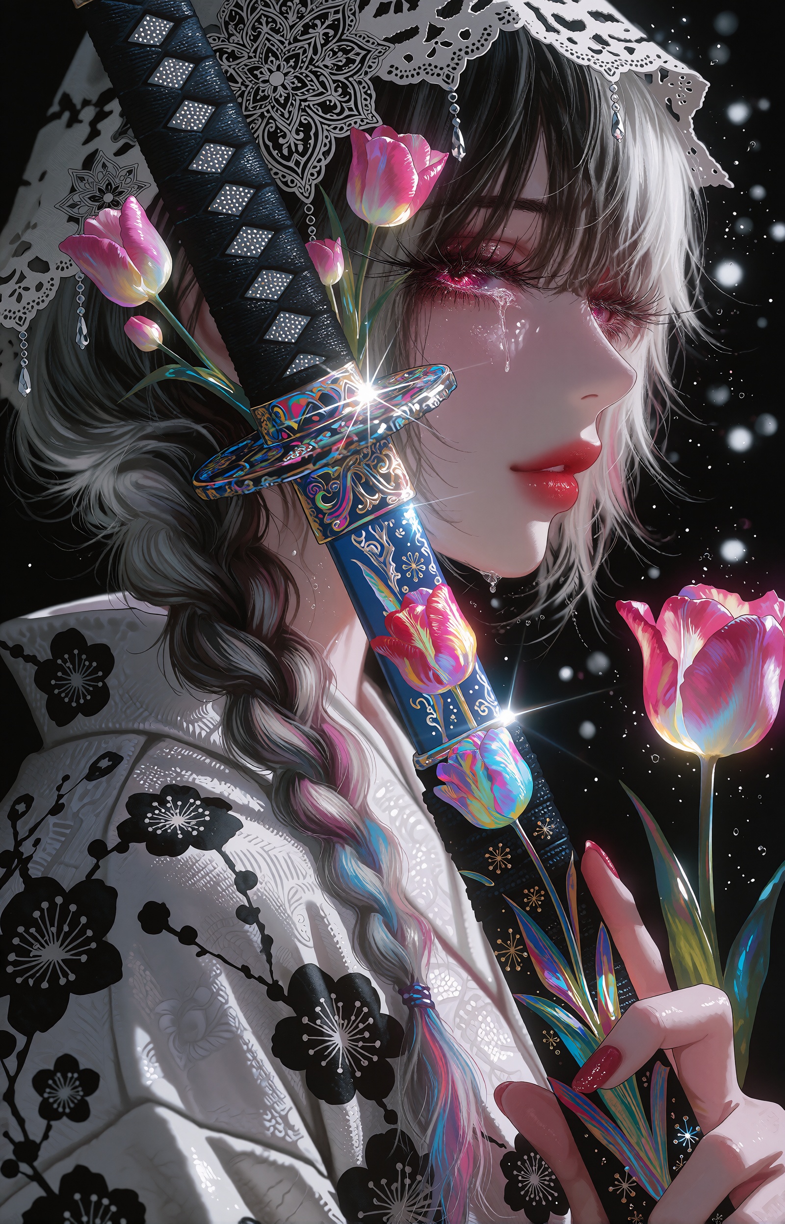 A melancholic anime girl is shown in close profile facing right,  her silver-white hair falling in soft strands with a sin...