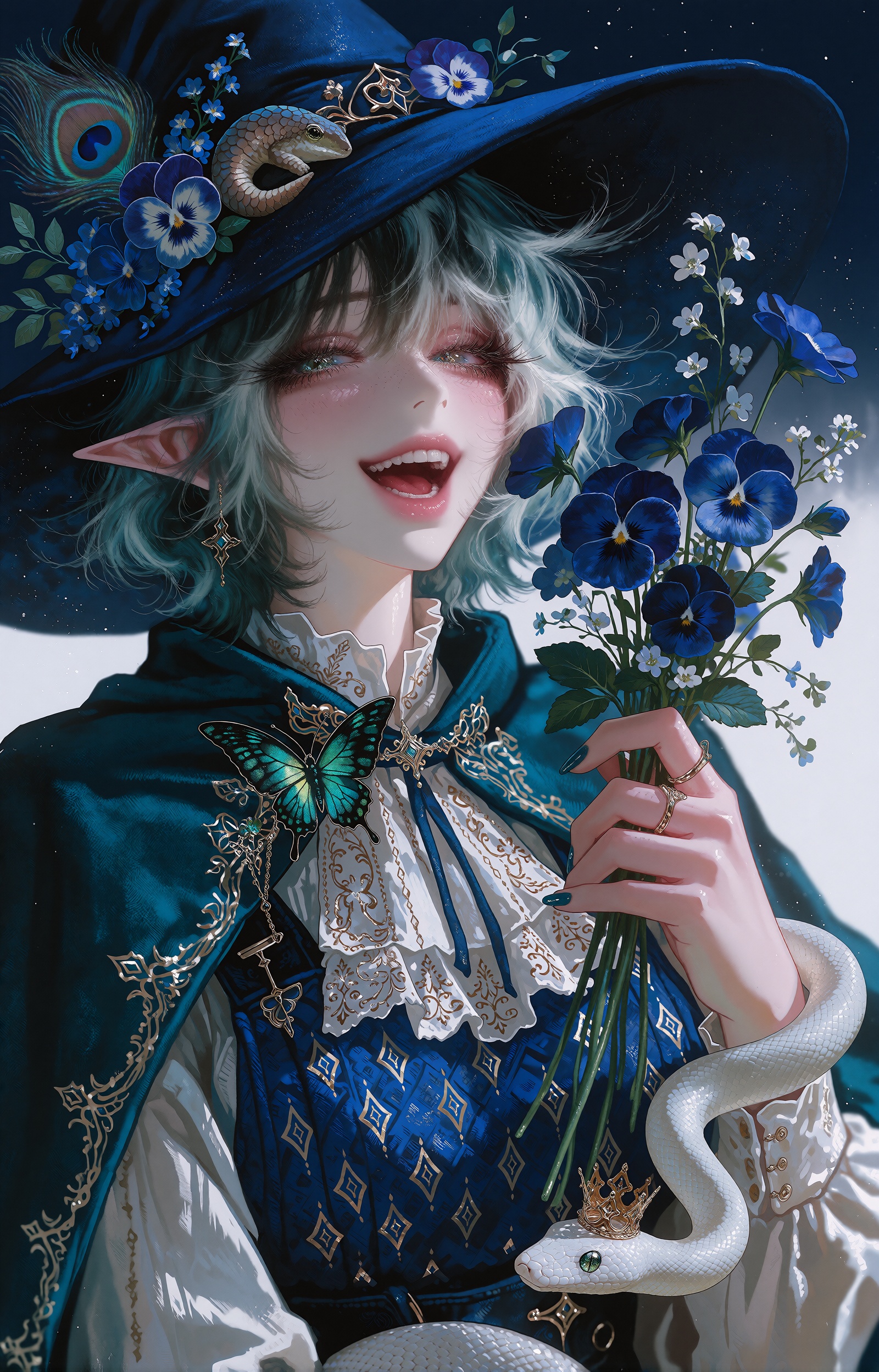 A cheerful young witch with elf-like pointed ears and windswept seafoam-teal hair fading to white tips smiles with open-mo...