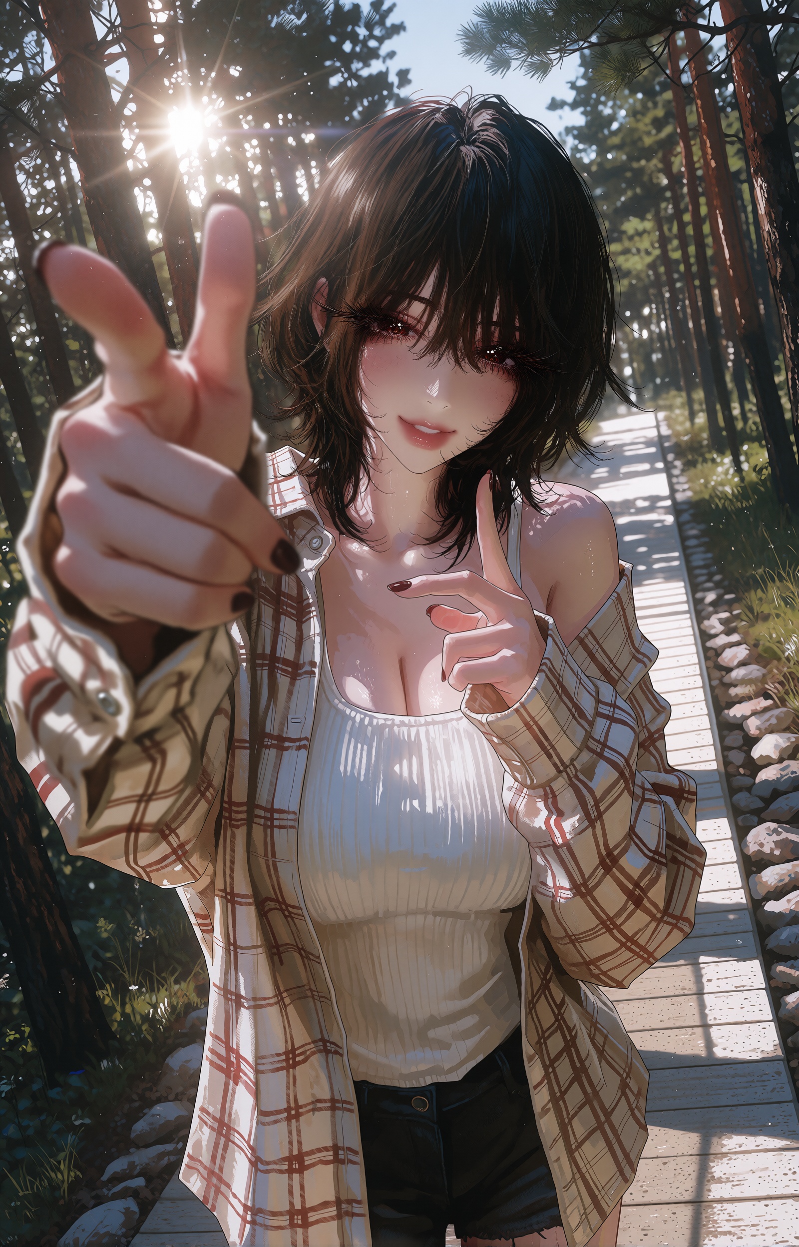 A vertical selfie-style anime illustration of a girl with messy dark brown hair and loose falling strands,  her head tilte...