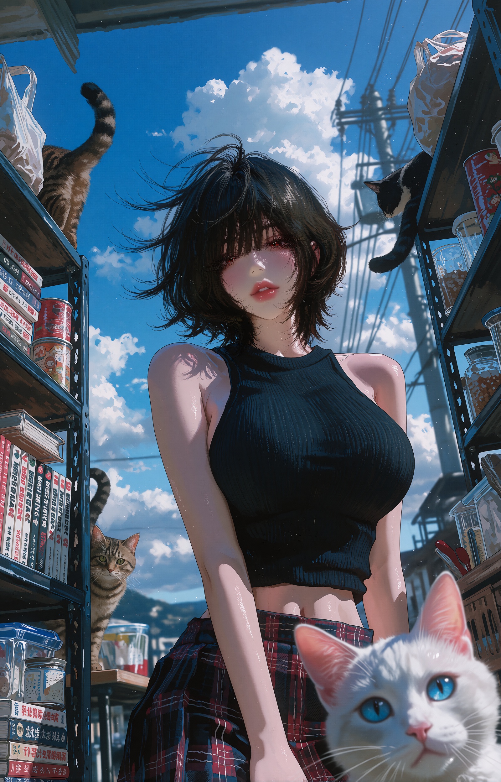 A young woman with a short,  wind-tousled black bob and wispy bangs looks down toward the viewer with a calm,  wistful exp...