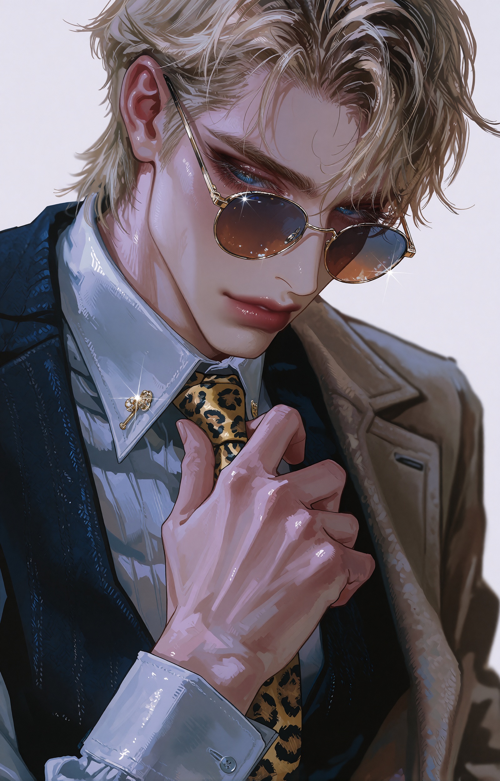 An anime-style portrait illustration of a composed ***** man with swept-back blond hair and loose strands across his foreh...