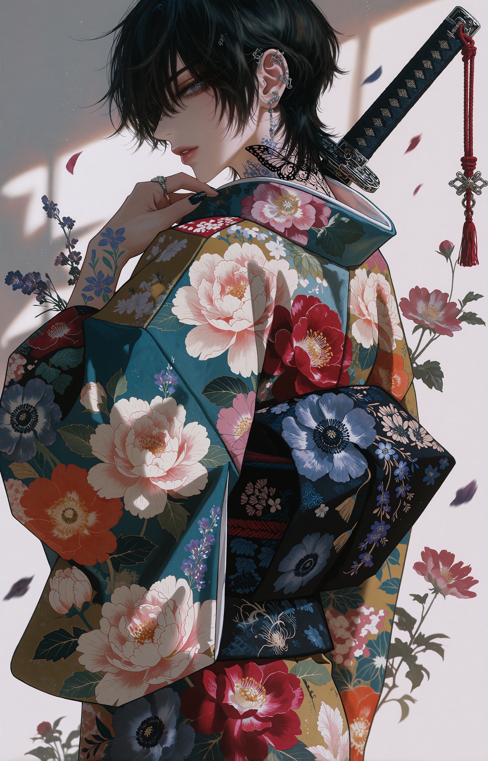 An androgynous young swordsman with short raven-black hair and long bangs brushing his silver-grey eyes glances back over...