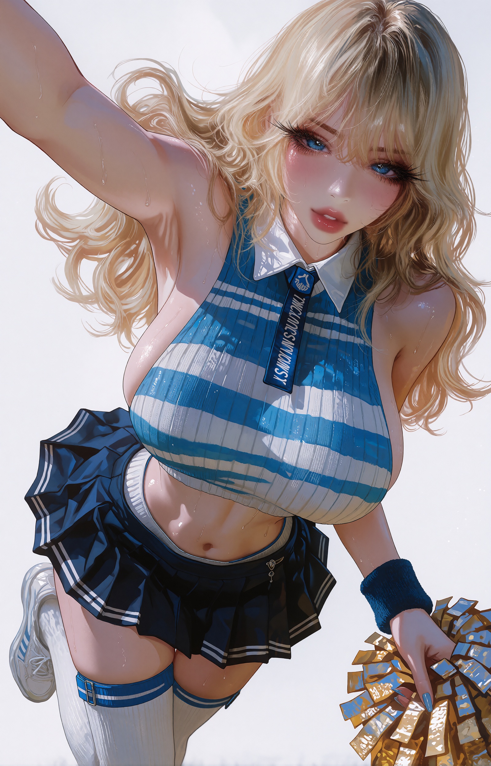 A young anime cheerleader with long flowing wavy blonde hair and vivid blue eyes floats suspended against a seamless plain...