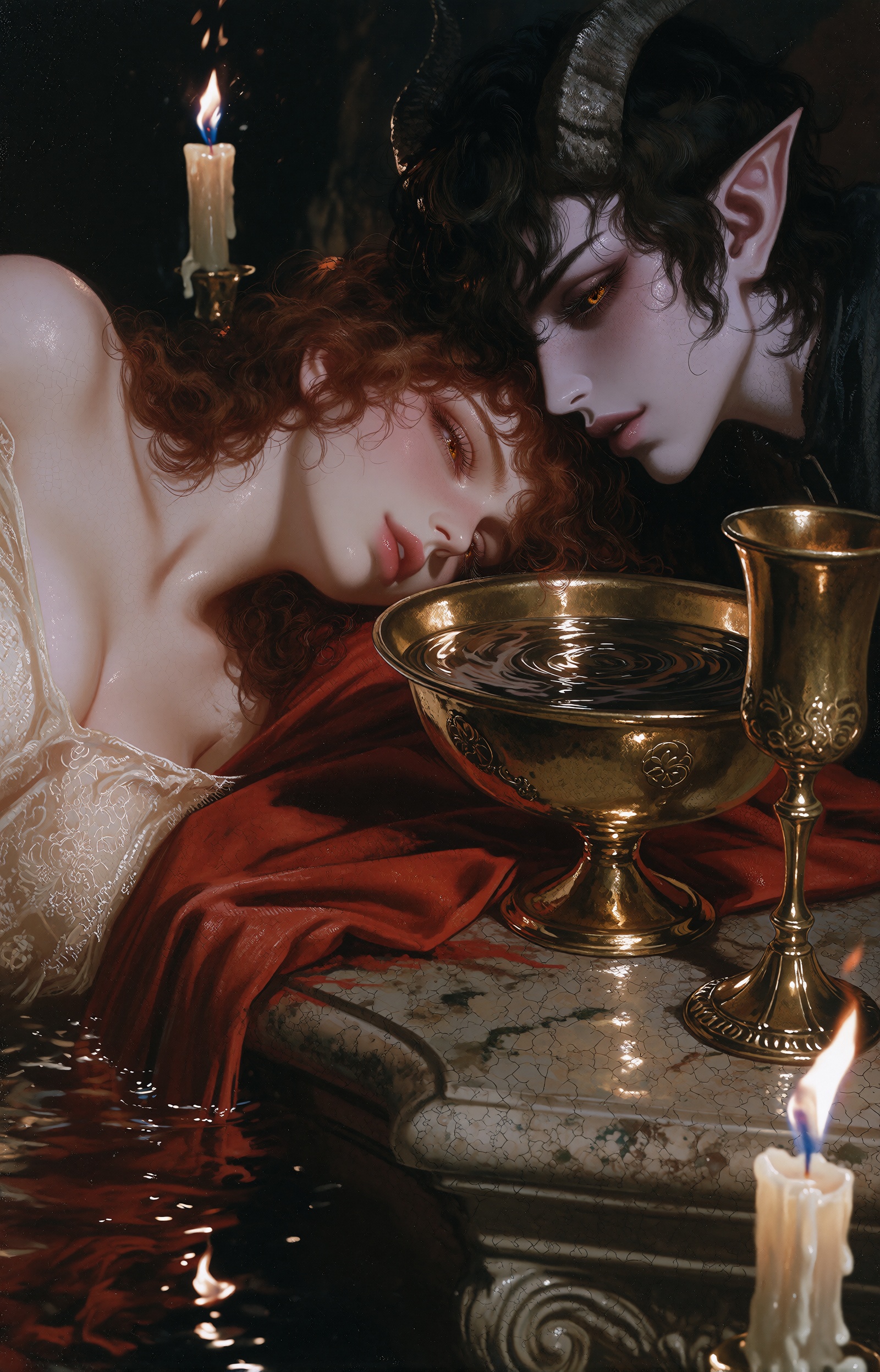 Two figures share an intimate,  menacing closeness inside a dreaming darkness: a young woman with curly auburn hair rests...