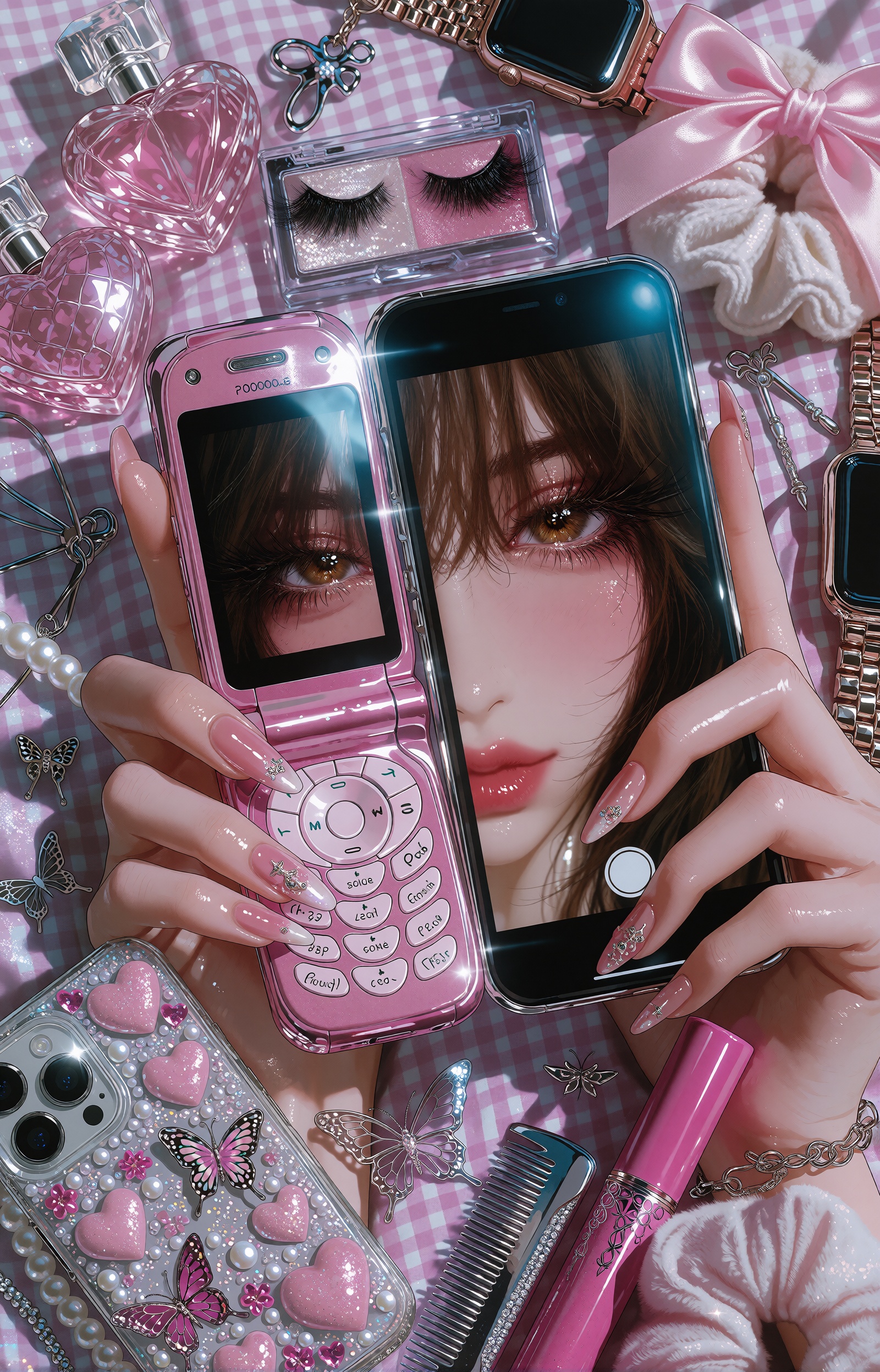 A semi-realistic manhwa-style portrait of a young woman with long chestnut-brown hair and warm honey-brown eyes,  her face...