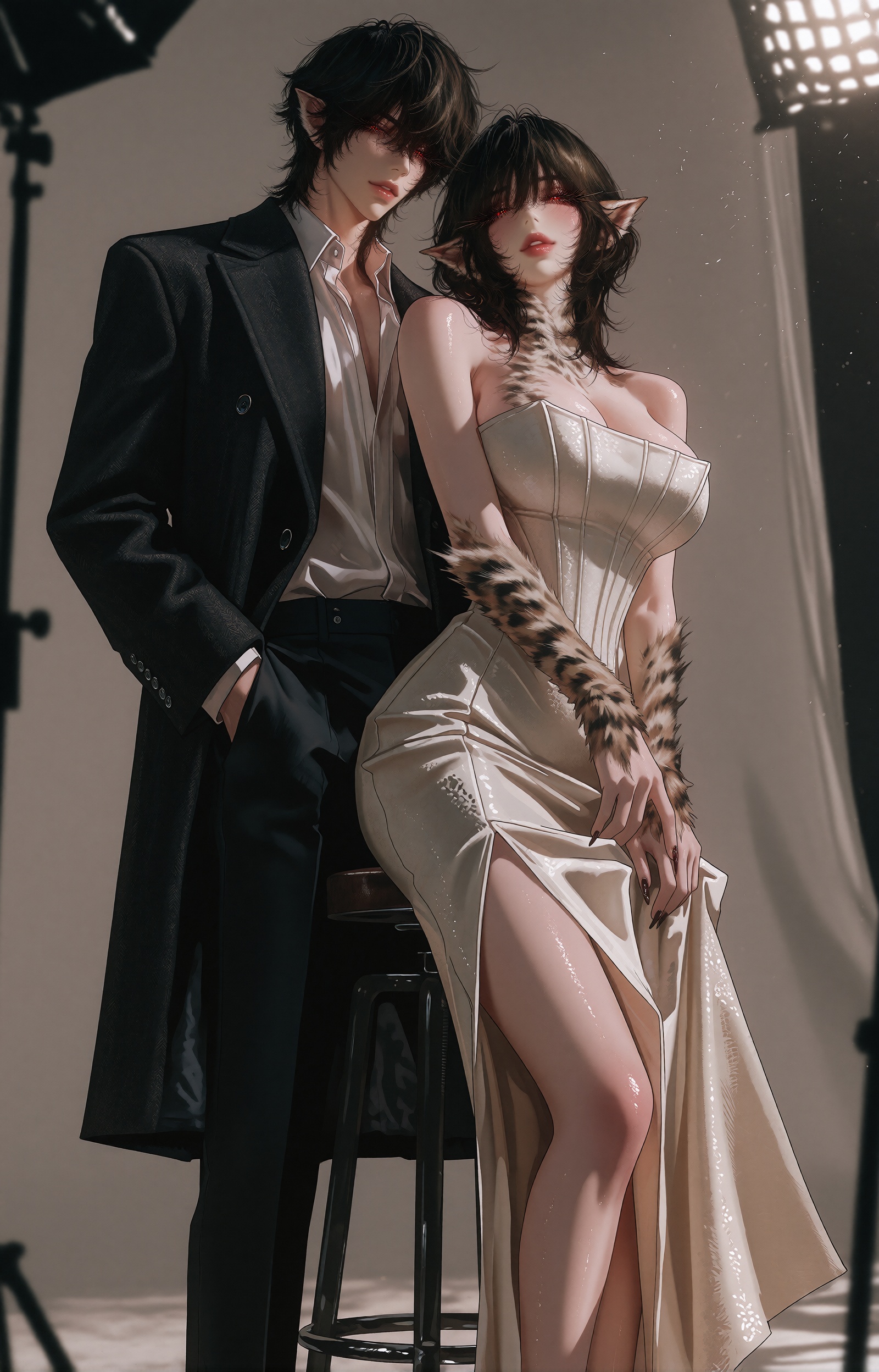 A professional fashion photoshoot of two demi-human models,  one male and one female,  rendered in a semi-realistic manhwa...