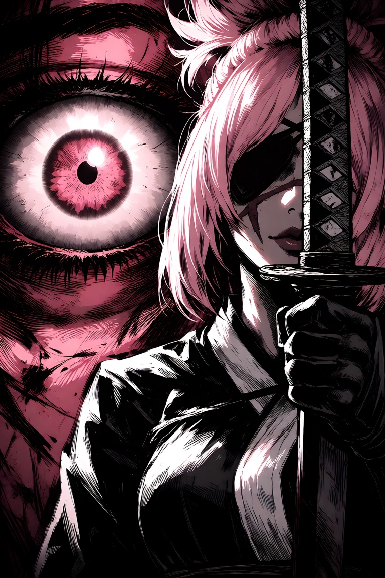 detailed manga art depicting a female fighter with pink hair,  an eyepatch,  and a scar across her nose. she stands facing...