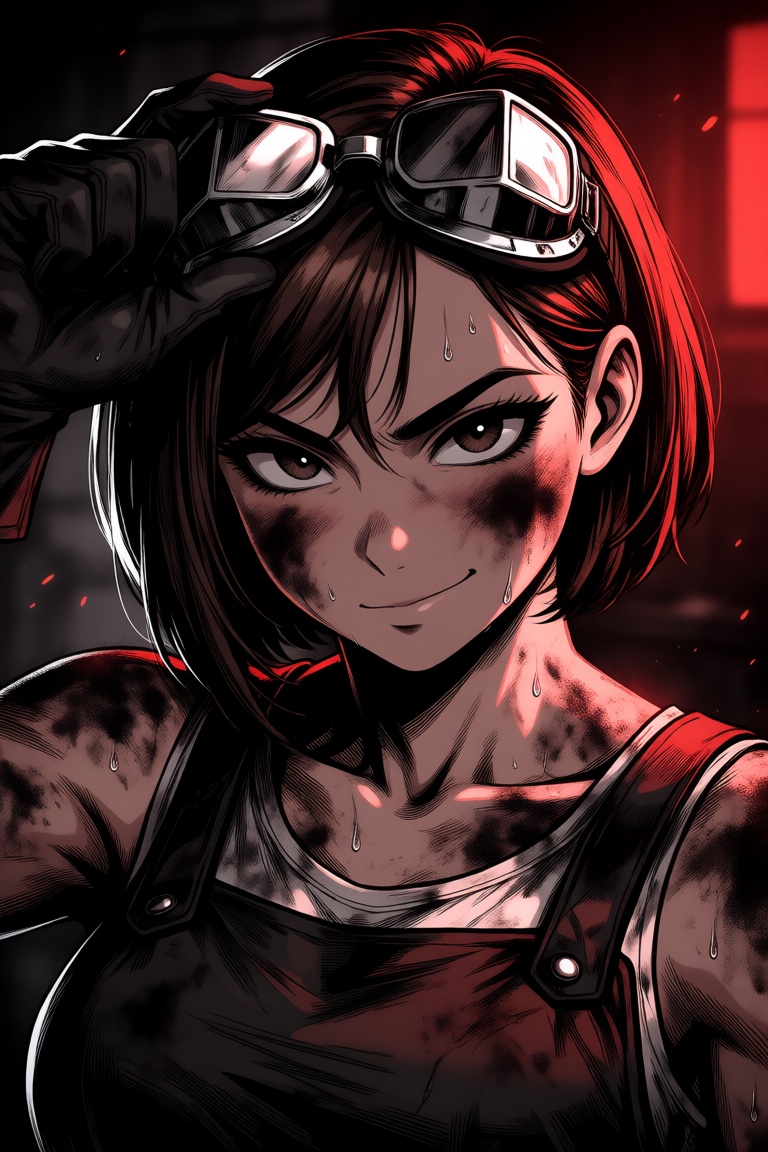 an anime illustration of a strong female worker in a dark workshop. she is depicted from the chest up,  covered in sweat a...