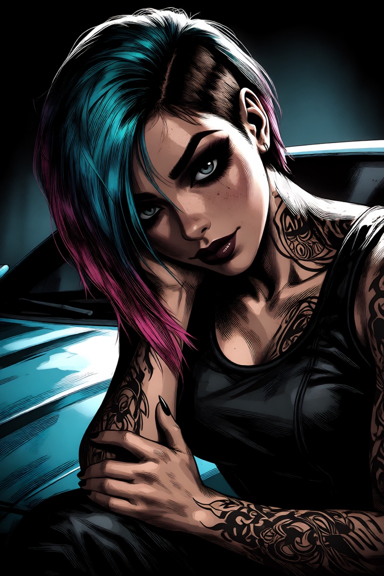 a dark comic style depiction of Judy Alvarez from Cyberpunk 2077,  a young Latina woman in her mid-20s with fair skin,  sh...