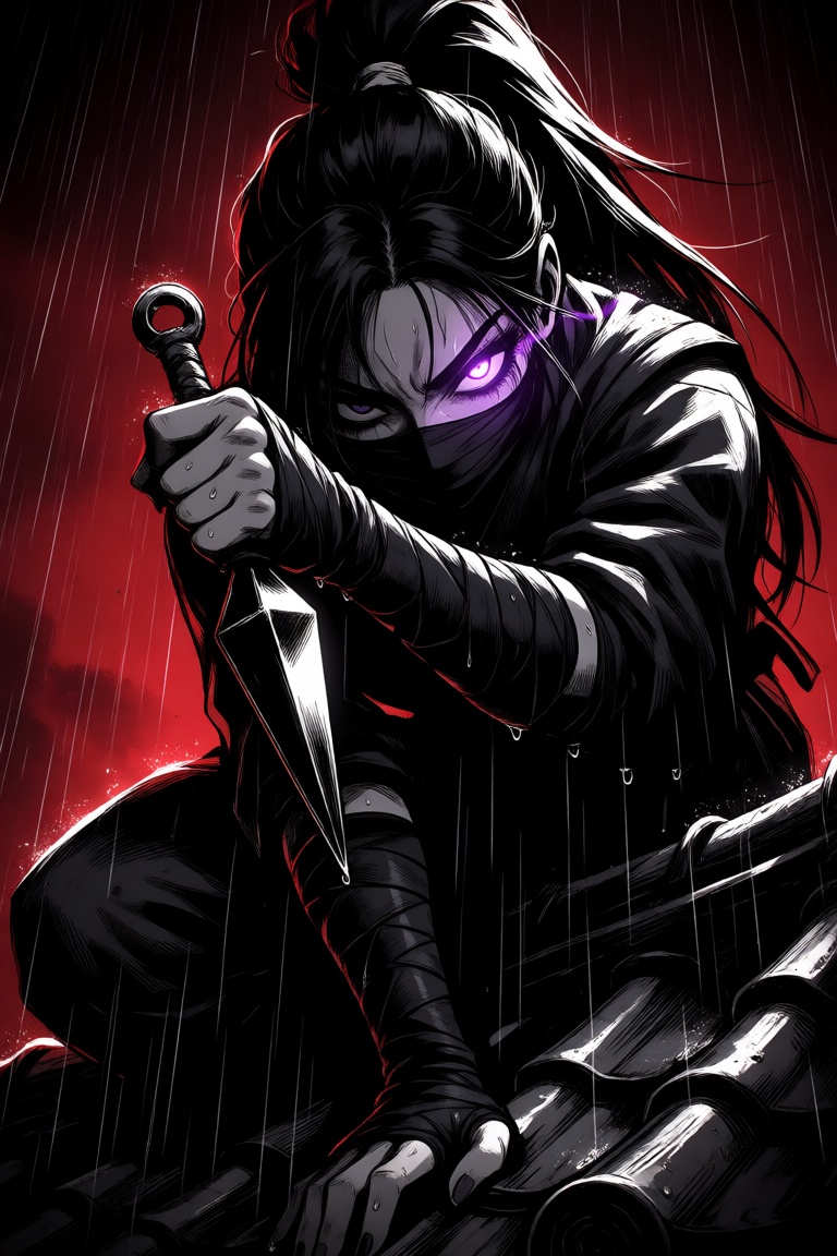 a stylized,  high contrast anime drawing of a female ninja during a rainstorm. the character is shown from a low angle on...