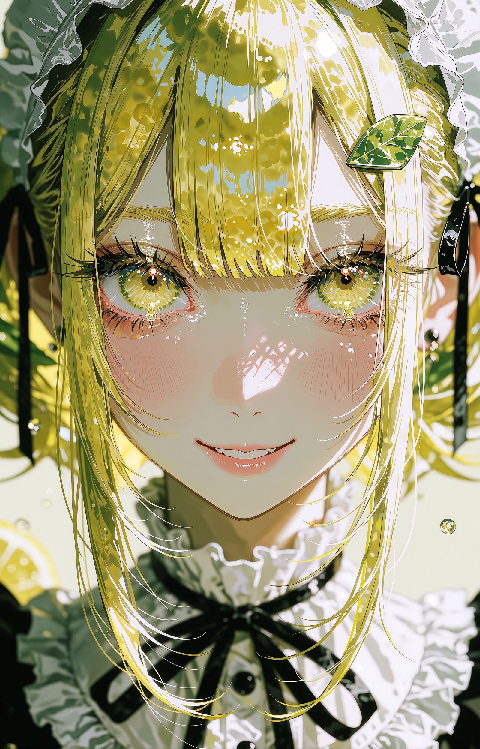 A glossy anime girl embodying a ripe lemon gazes directly at the viewer in an extreme vertical close-up portrait. Her long...