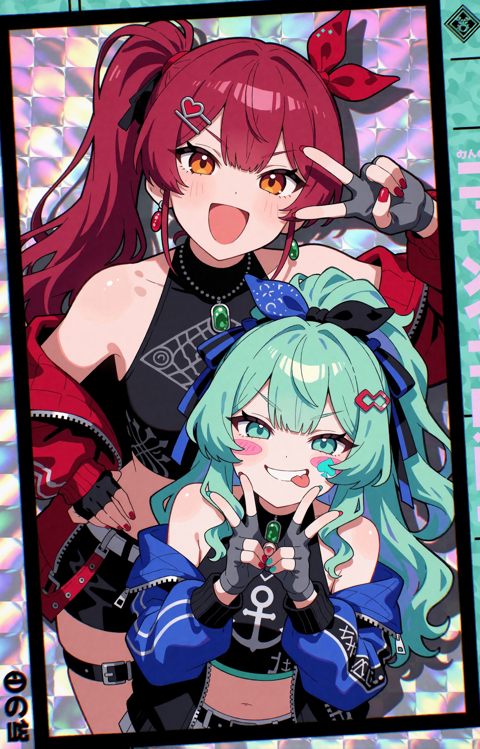 Two young anime idol girls press cheek-to-cheek for a flash-lit snapshot poster. The taller girl has long crimson hair swe...