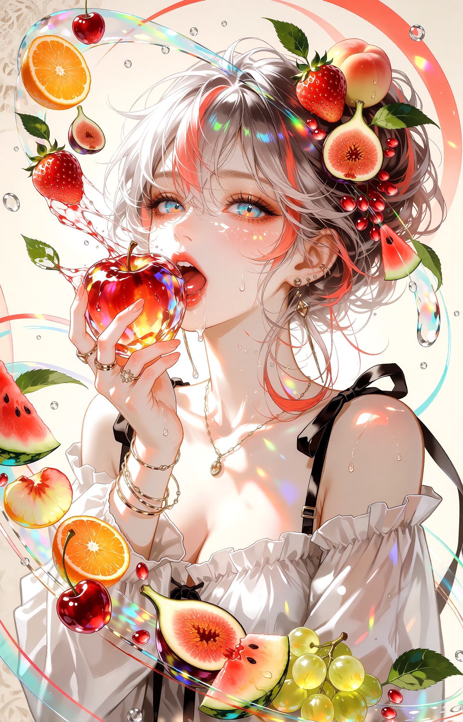 A vibrant anime editorial illustration of an ***** woman with voluminous silver-white hair streaked in coral pink,  orange...