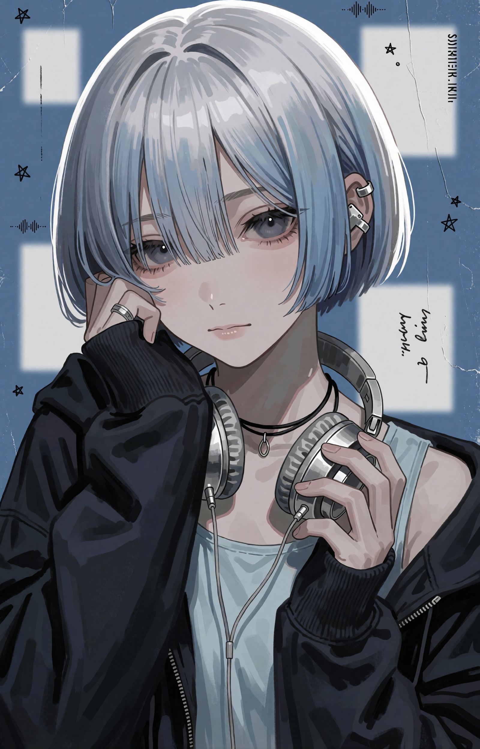 SUBJECT : An ***** woman with a short silver-blue bob,  smoky grey eyes and a tired but peaceful expression,  loose bangs...