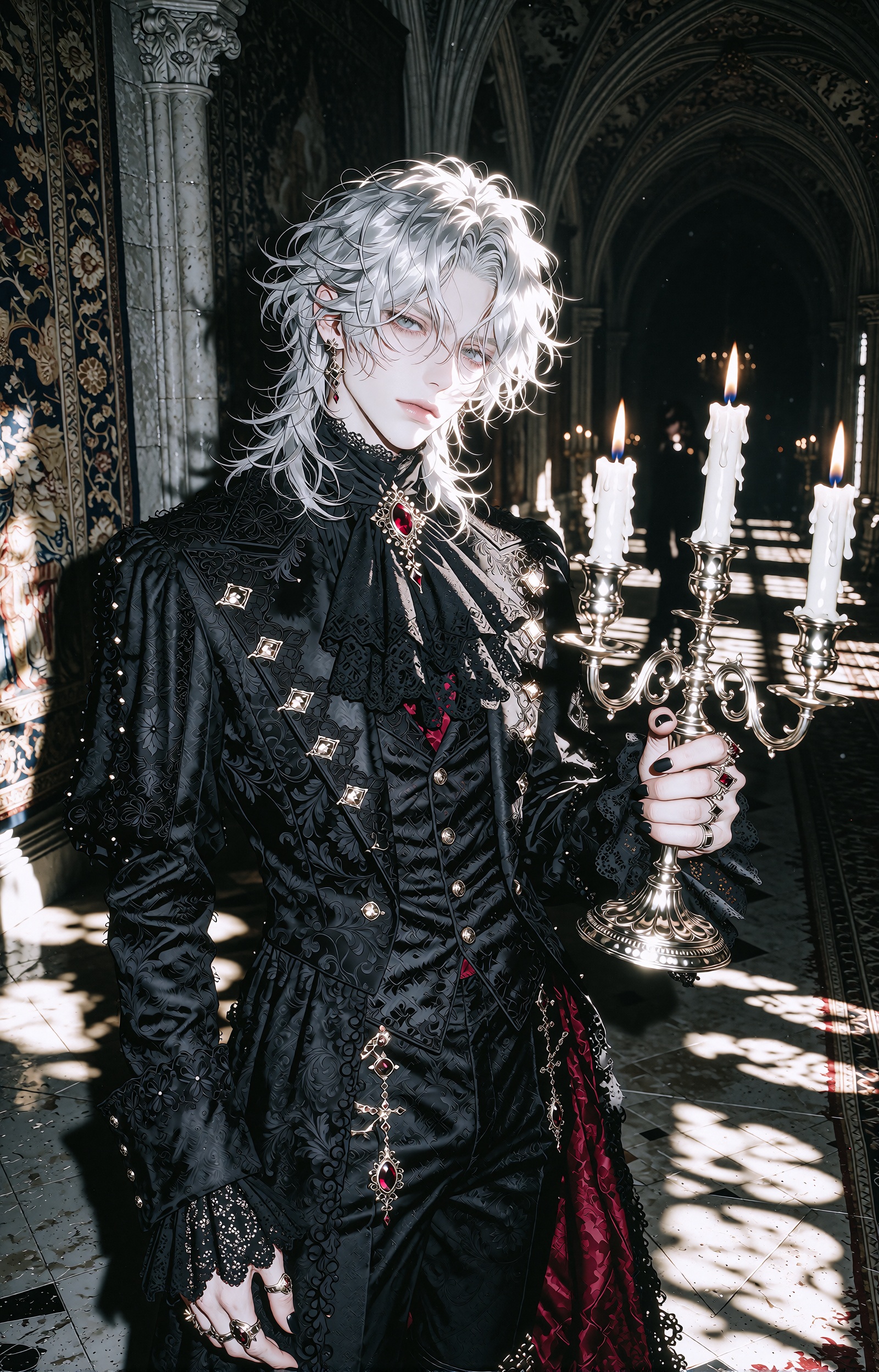 Subject: 20-year-old male gothic prince,  long flowing silver hair,  pale skin on Tensor.Art