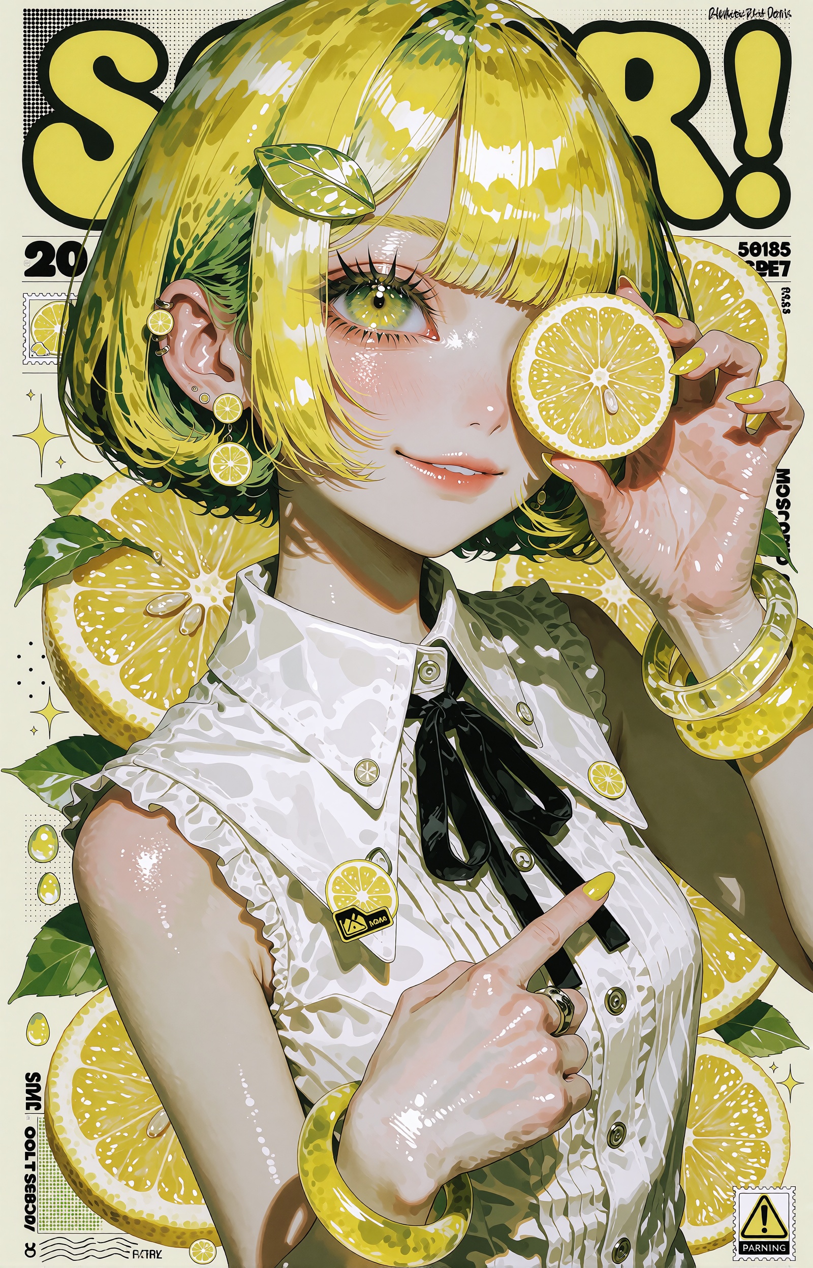 A bright vertical anime magazine-cover poster featuring an ***** woman with chin-length lemon-yellow hair cut into a round...